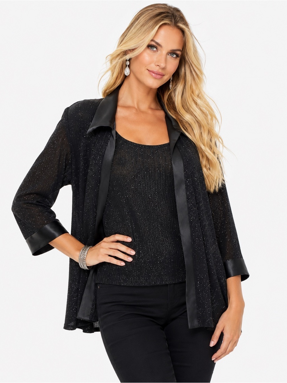 R&M Collection NWT Jacket Top Womens 2X Black Sparkle Satin Formal Attached Tank